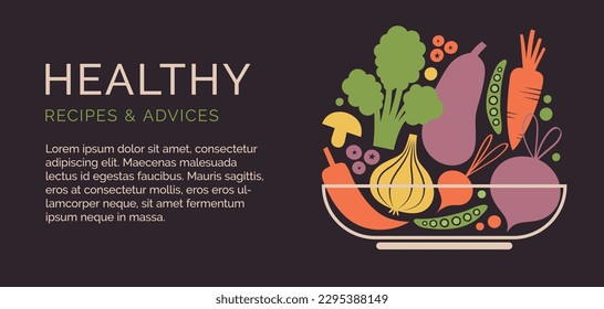 Flyer design template with organic, healthy, vegan food. Banner with vector illustrations of vegetables, berries, bowl, cutlery, plate, broccoli, garlic. For vegetarian cafe, menu, book recipes.	