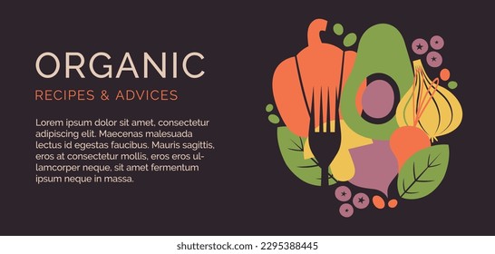 Flyer design template with organic, healthy, vegan food. Banner with vector illustrations of vegetables, berries, fork, cutlery, plate, avocado, garlic. For vegetarian cafe, menu, book recipes.