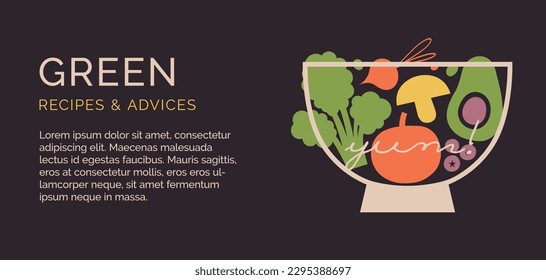 Flyer design template with organic, healthy, vegan food. Banner with vector illustrations of vegetables, berries, salad bowl, cutlery, broccoli, garlic. For vegetarian cafe, menu, book recipes.