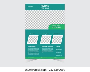 Flyer Design Template. Professional Brochure. Real Estate Poster Vector.Leaflet presentation. Teal Flyer with abstract circle, round shapes background. Modern poster magazine, layout, template. A4.


