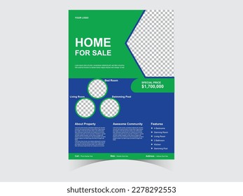 Flyer Design Template. Professional Brochure. Real Estate Poster Vector.Leaflet presentation. Teal Flyer with abstract circle, round shapes background. Modern poster magazine, layout, template. A4.


