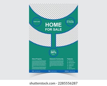 Flyer Design Template. Professional Brochure. Real Estate Poster Vector.Leaflet presentation. Teal Flyer with abstract circle, round shapes background. Modern poster magazine, layout, template. A4.


