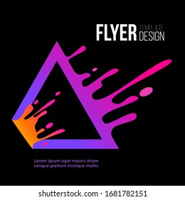 Flyer design template with stylish neon triangle logo element splashes of color on the black background vector illustration. Geometric frame with liquid edges and smudges.
