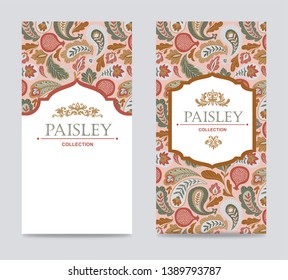 Flyer design template. Vector card with paisley pattern and traditional frame with place for your text. 