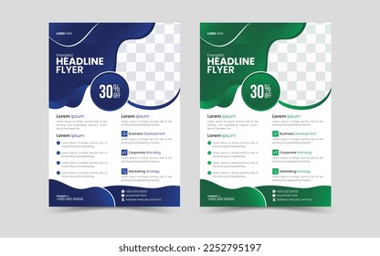 Diseño vectorial de plantilla de diseño de volante. diseño moderno, diseño de folletos, diseño moderno de portada, volante en A4 con colorido, volante corporativo, diseño de viajero inmobiliario, esquema de 2 colores, diseño de forma