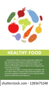 Flyer design template with vegetables. Halftone colorful vector vegetables. Pop art template for leaflet, posters, healthy magazines