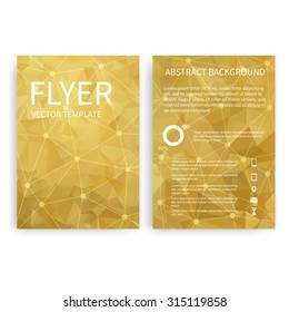 Flyer design templates. Set of gold A4 brochure design templates with geometric abstract modern backgrounds. Infographic concept, mobile technologies, applications and online services