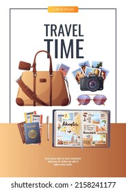 Flyer Design With Travel Bag, Passports And Tickets, Camera And Travel Journal. Travel, Tourism, Adventure, Journey Concept. A4 Vector Illustration. Banner, Cover, Flyer Template.