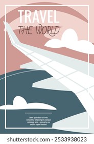 Viaje de diseño de volante. Cartel con el ala del avión en el fondo de la superficie de la tierra. Viajar alrededor del mundo, vacaciones de verano. Anuncio para una agencia de viajes