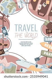 Viaje de diseño de volante. Cartel con bolsa, globo, mapa. Viajar alrededor del mundo, vacaciones de verano. Anuncio para agencia de viajes.