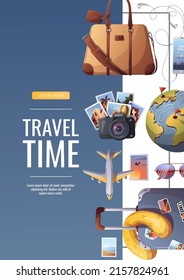 Flyer Design For Travel, Tourism, Adventure, Journey. Suitcase, Airplane And Globe, Camera, Travel Journal. A4 Vector Illustration, Flyer, Cover, Banner Template.