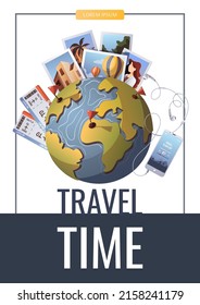 Flyer Design For Travel, Tourism, Adventure, Journey Concept. Globe, Photo Cards, Phone With Travel Playlist. A4 Vector Illustration, Flyer, Banner, Cover Template.