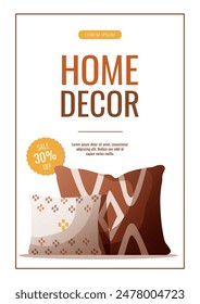Flyer design with two pillows in boho style. Home interior, cozy home concept. Vector illustration for banner, promo, advertising.