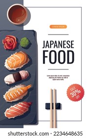 Diseño de volante con variedad de sushi. Comida japonesa, comida saludable, cocina, menú, concepto de nutrición. Ilustración vectorial. Cartel, promoción, publicidad. 