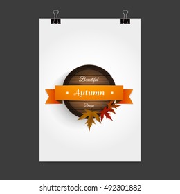 Flyer design witt autumn wooden signboard.  Vector autumn design, with leaves.