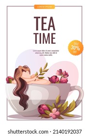 Flyer design with woman lying in huge teacup. Tea shop, cafe-bar menu, tea lover, tea party, beverages concept. A4 Vector illustration for poster, banner, flyer, menu, advertising. 