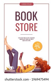 Flyer Design With Woman Lying On The Stack Of Books And Reading. Bookstore, Bookshop, Library, Book Lover, Bibliophile, Education Concept. A4 Vector Illustration For Poster, Banner, Sale, Advertising.