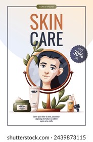 Flyer design with woman in the mirror reflection, creams, serum. Beauty, skin care, cosmetic, self care, spa concept. Vector illustration banner, promo, sale, poster.