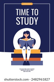 Flyer design with woman reading book. Education, bookstore, knowledge, student concept. Vector illustration banner, promo, advertising. 