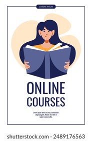 Flyer design with woman reading book. Education, bookstore, knowledge, student concept. Vector illustration banner, promo, advertising. 