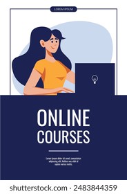 Flyer design with woman studying or working with laptop. Flat style vector illustration for promo, banner. Education, studying, working, workplace, workflow, job, office, support concept.