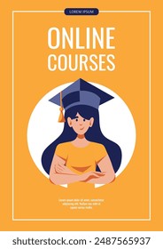 Flyer design with Woman wearing a graduation cap. Flat style vector illustration for promo, banner, advertising. Education, graduating, university, college, studying, student concept.