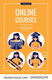 Diseño de volante con las mujeres con lápiz enorme, libro, icono de bulbo, gorra de graduación. Ilustración vectorial de estilo plano para la educación, el conocimiento, el estudio, la lectura, el estudiante, la creación de concepto.