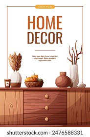 Flyer design with wooden chest drawers and decorative vases. Interior design, home decor, furniture, living room concept. Vector illustration for banner, promo, advertising.