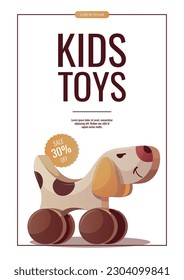 Flyer design with wooden dog push toy. Children's toys, kid's shop, playing, childhood concept. A4 vector illustration for poster, banner, flyer, advertising.