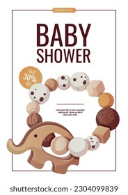 Flyer design with wooden teether bracelet for toddlers. Teething, children's toys, kid's shop, baby care, childhood concept. A4 vector illustration for poster, banner, advertising, sale.