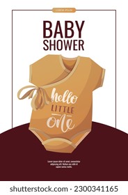 Flyer design with yellow baby bodysuit. Baby clothes store, Baby waiting, pregnancy, concept. A4 vector illustration for poster, flyer, banner, advertising.