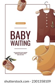 Flyer design with yellow baby bodysuit, baby romper and shoes. Baby clothes store, Baby waiting, pregnancy, concept. A4 vector illustration for poster, flyer, banner, advertising.