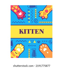 Flyer designs with tomcat paws. Vivid colorful brochure with fluffy paws. Domestic animals and pets concept. Template for promotional leaflet or poster