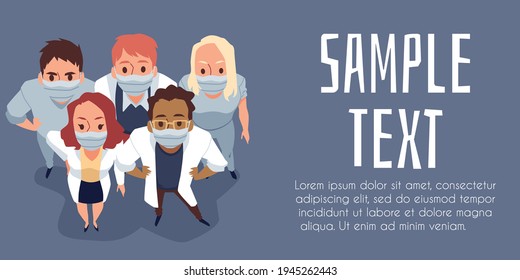 Volante con doctores héroes se paran y miran hacia arriba, ilustración plana vectorial.