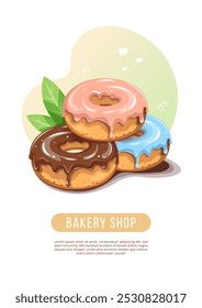 Folleto para Donut Shop. Tres donas con chocolate, glaseado rosa y azul encima. Perfecto para su uso en contenido de pastelería o postre. Ilustración vectorial A4 para cartel, Anuncio, volante, menú, cubierta.