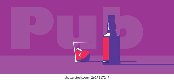 Flyer drink party, flat design alcohol, pub, banner. Bottle of whiskey, glass of scotch with ice, drunkenness, restaurant, pub