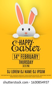 Flyer for Easter party. Cartoon cute bunny looking out of a cut hole. Invitation gift card. DJ and club name. Vector Illustration. EPS 10