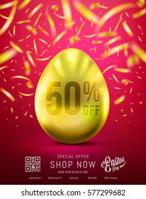 Flyer of Eggs in Gold Color for Easter Day Banner or Brochure With Realistic Shine Gold Light and Beautiful Backdrop on the Red background and Golden Confetti Flying on Top Look Like Movie Poster