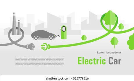 Flyer electric car silhouette car and cable plug charging city background