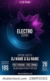 Volante para la fiesta electrónica. Registro gramófono de líneas onduladas vibrantes. Sonido electrónico. Nombre del club y del DJ. Ilustración vectorial. EPS 10.