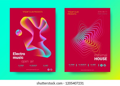 Flyer of Electronic Music. Abstract Vector Background. Colorful Wave Lines and Equalizer. Minimal Music Poster Design. Distortion of Rounds. Trendy Bright Flyers of House Dance Event.