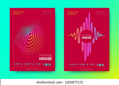 Flyer of Electronic Music. Abstract Vector Background. Colorful Wave Lines and Equalizer. Minimal Music Poster Design. Distortion of Rounds. Trendy Bright Flyers of House Dance Event.