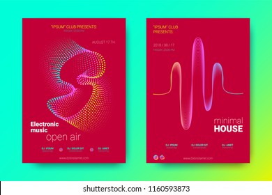 Flyer of Electronic Music Night Party. Abstract Vector Background. Colorful Wave Lines and Equalizer. Minimal Music Fest Flyer Design. Distortion of Rounds. Trendy Bright Flyers of House Music Event.