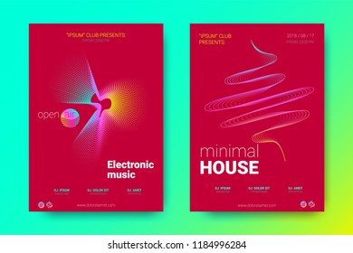 Flyer of Electronic Music Night Party. Abstract Vector Background. Colorful Wave Lines and Equalizer. Minimal Music Fest Flyer Design. Distortion of Rounds. Trendy Bright Flyers of House Music Event.