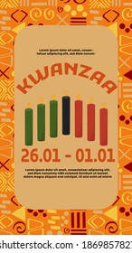 Flyer, event invitation template for Kwanzaa - celebration in USA, honors African heritage in African-American culture. Poster with seven tradition colored candles, date 26.01-01.01, place for text