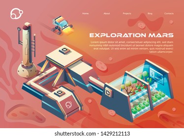 Flyer Exploration Mars Lettering Flat Cartoon. Reenhouse for Growing Green Plants on Uninhabited Planets. Successful Establishment Permanent Research Base. Vector Illustration Landing Page.