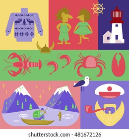 Flyer Explore the world. Welcome to norway icon set. Vector Scandinavian traditional symbols collection.