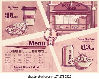 Flyer of a fast food restaurant in Dortmund, Germany. Menu, sandwich, burger, water. Image of doner kebab onion, water, fast food cafe. For web, video, interface, design, handout, news-sheet.