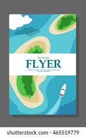 Flyer in flat style with a map of the island to travel and vacation on a yacht. Vector illustration