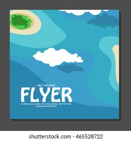 Flyer in flat style with a map of the island to travel and vacation on yacht with clouds in the sky. View from the birds flight. Vector illustration
